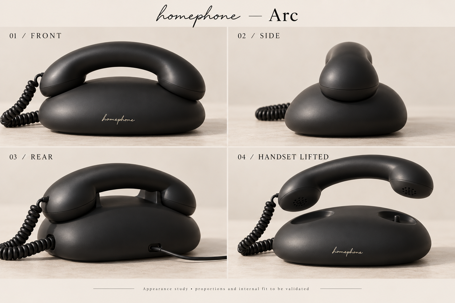 Arc concept: a satin-black curved handset resting on a rounded oval base